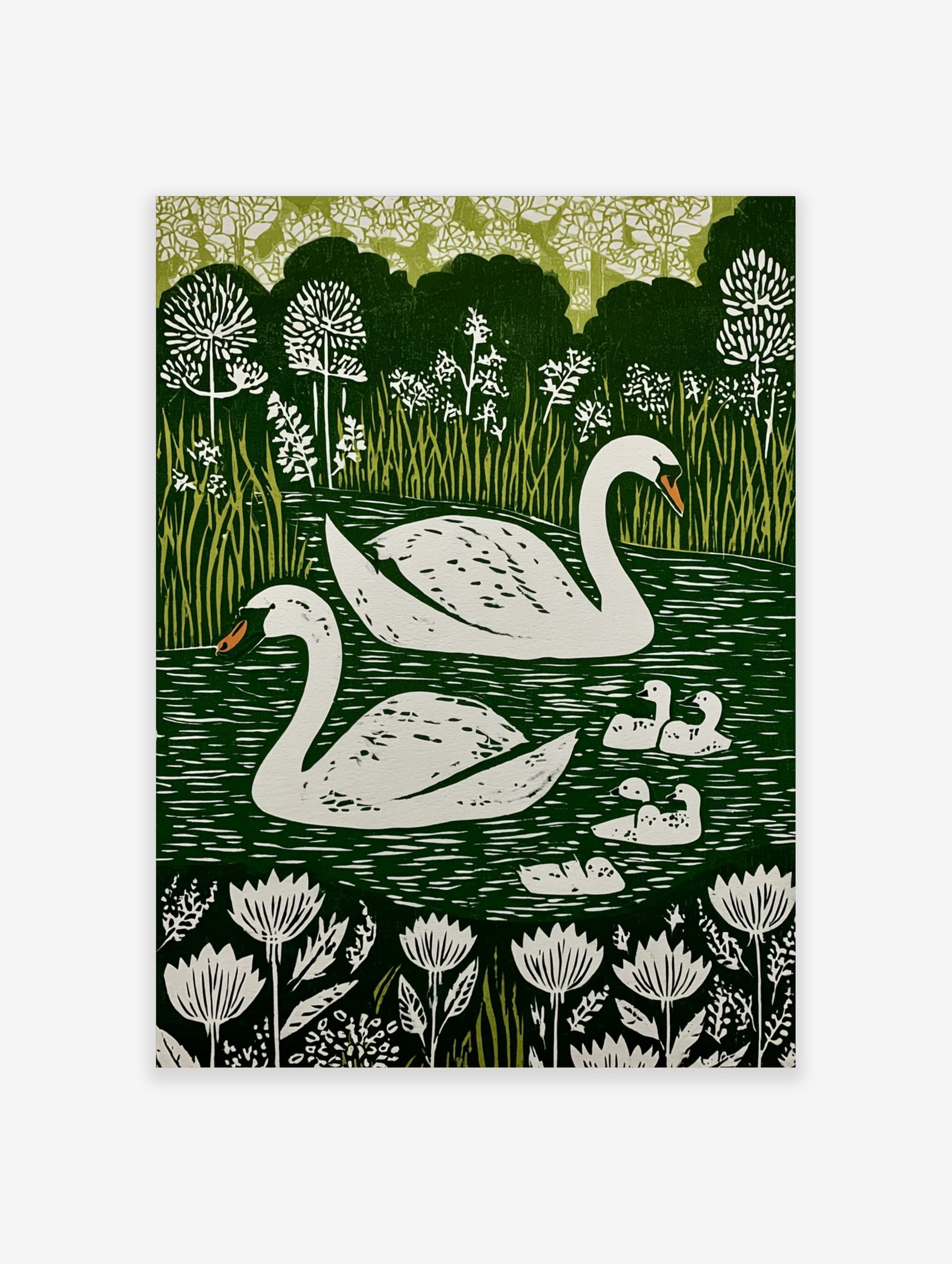 Illustrative print of two white swans and five cygnets on a dark green lake with white flowers and green foliage