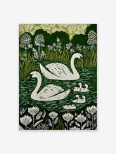 Illustrative print of two white swans and five cygnets on a dark green lake with white flowers and green foliage