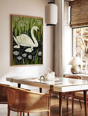 Illustrative print of a white mother swan and three cygnets in dark water, surrounded by green, in a styled room mockup