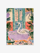 Swan in a lilac bathtub with teal shutters, coral walls, and tropical plants, colourful interior art print