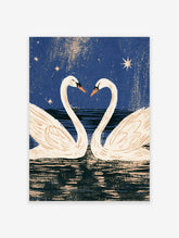 Two white swans forming a heart shape on dark blue water under a starry night sky, swan poster