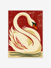Vintage swan art print with curved white bird, orange beak, and red textured background