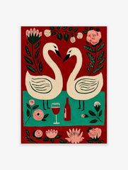 Folk art painting of two white swans forming a heart, red wine bottle, glass, and pink flowers on red and teal background