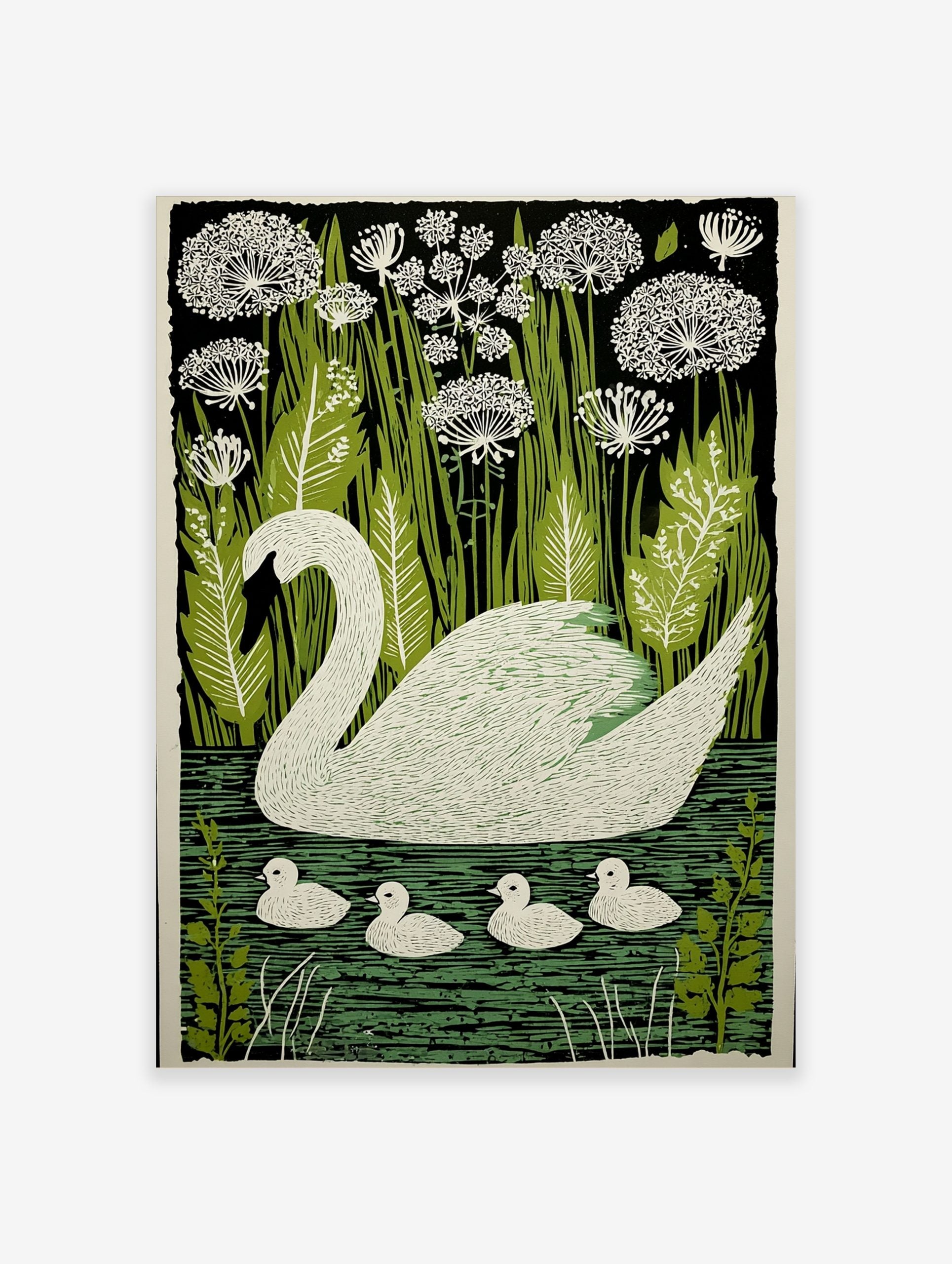 White swan with four cygnets swimming on green water, surrounded by green reeds and white flowers