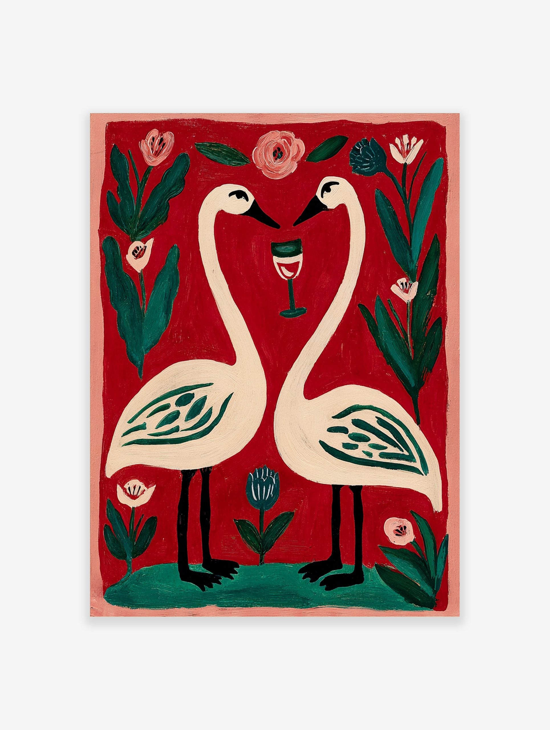 Illustrative print of two white swans forming a heart, with a wine glass, pink and blue flowers on red background