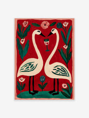 Illustrative print of two white swans forming a heart, with a wine glass, pink and blue flowers on red background