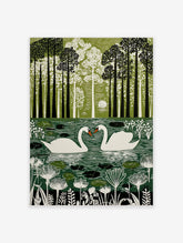Illustrative green wall art print of two white swans on a pond surrounded by tall trees and foliage in a woodcut style