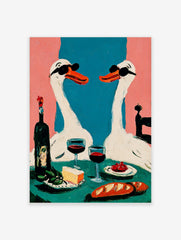Quirky illustrative art print of two white swans in sunglasses having dinner with wine, cheese, and bread
