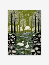 Green and white illustrative print of swans on a pond in a forest with birds flying overhead and sun