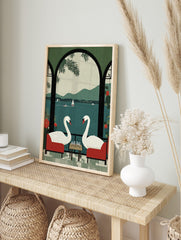 Illustrative print of two white swans playing chess in red chairs on a balcony overlooking a, in an alternate framed mockup