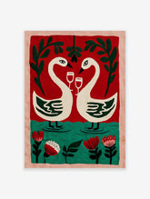 Illustrative wall art of two white swans with wine glasses, forming a heart, against a red and green background with flowers