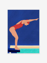 Illustrative wall art of a swimmer in a red swimsuit and cap, poised on a starting block above turquoise water, against a blue background