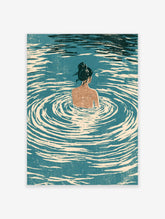 Swimming woman poster with teal water ripples and cream lines, seen from behind