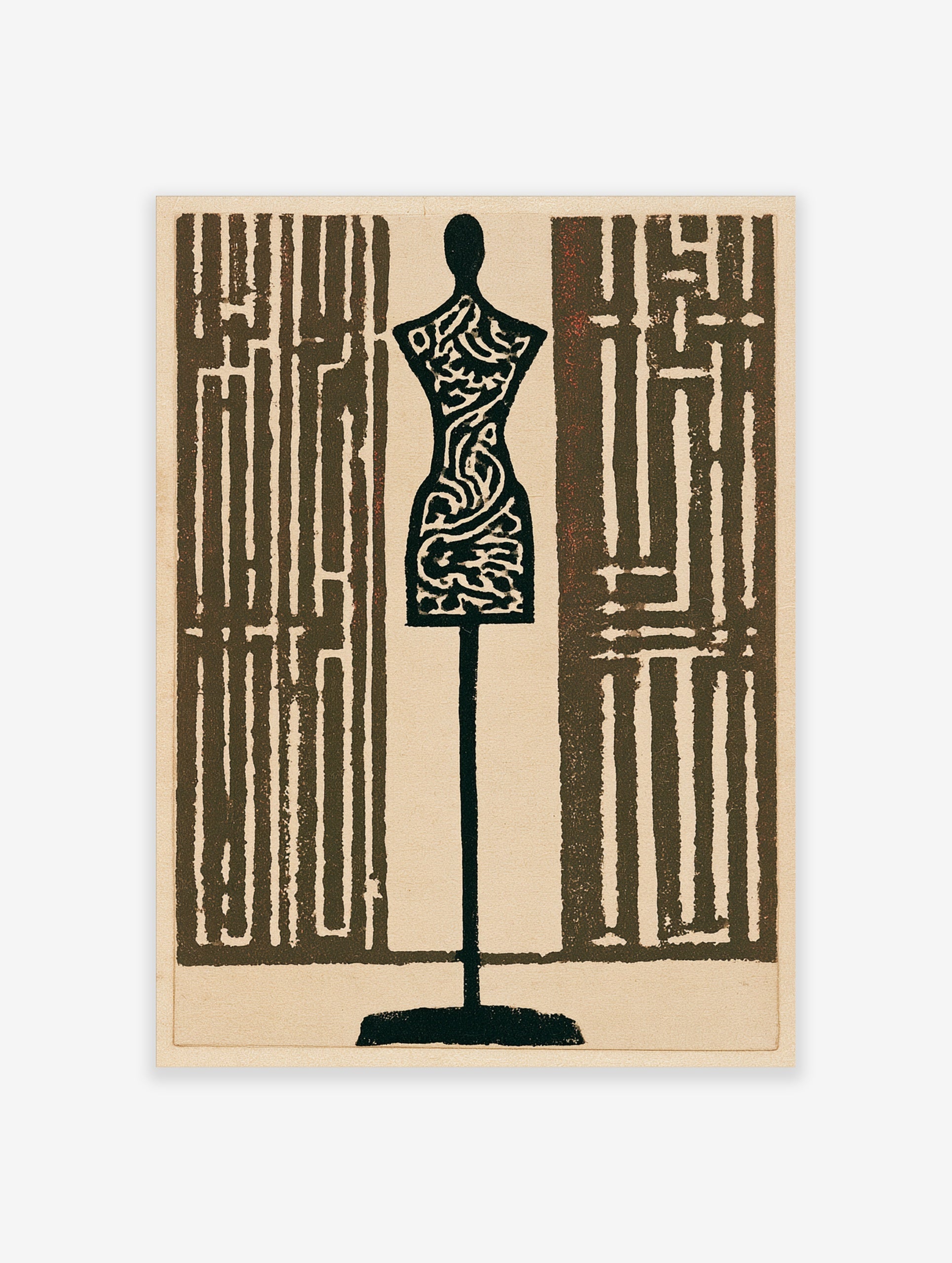 Tailor mannequin wall art with intricate maze patterns in dark brown and cream, graphic fashion illustration print