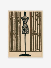Tailor mannequin wall art with intricate maze patterns in dark brown and cream, graphic fashion illustration print