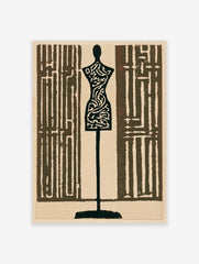 Tailor mannequin wall art with intricate maze patterns in dark brown and cream, graphic fashion illustration print