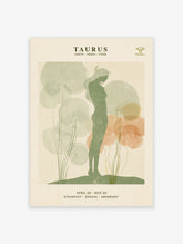 Taurus zodiac poster with green female silhouette, horns, pastel circles, and astrology text