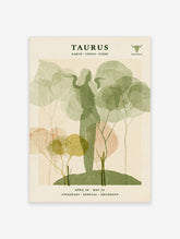 Taurus zodiac poster with green female silhouette, bull horns, abstract trees, and typography