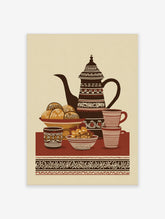 Traditional coffee pot with pastries and cups, earthy tones, unframed paper print