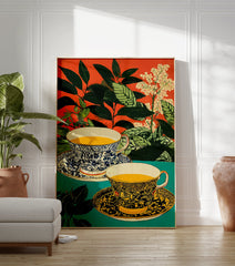 Botanical tea cup poster featuring two ornate teacups, green leaves, and white flowers against an orange and teal background. - Image 3