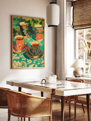 Poster of four decorative tea cups with various patterns (red, blue, black) on a vibrant teal floral tablecloth with green plants in background. - Image 2