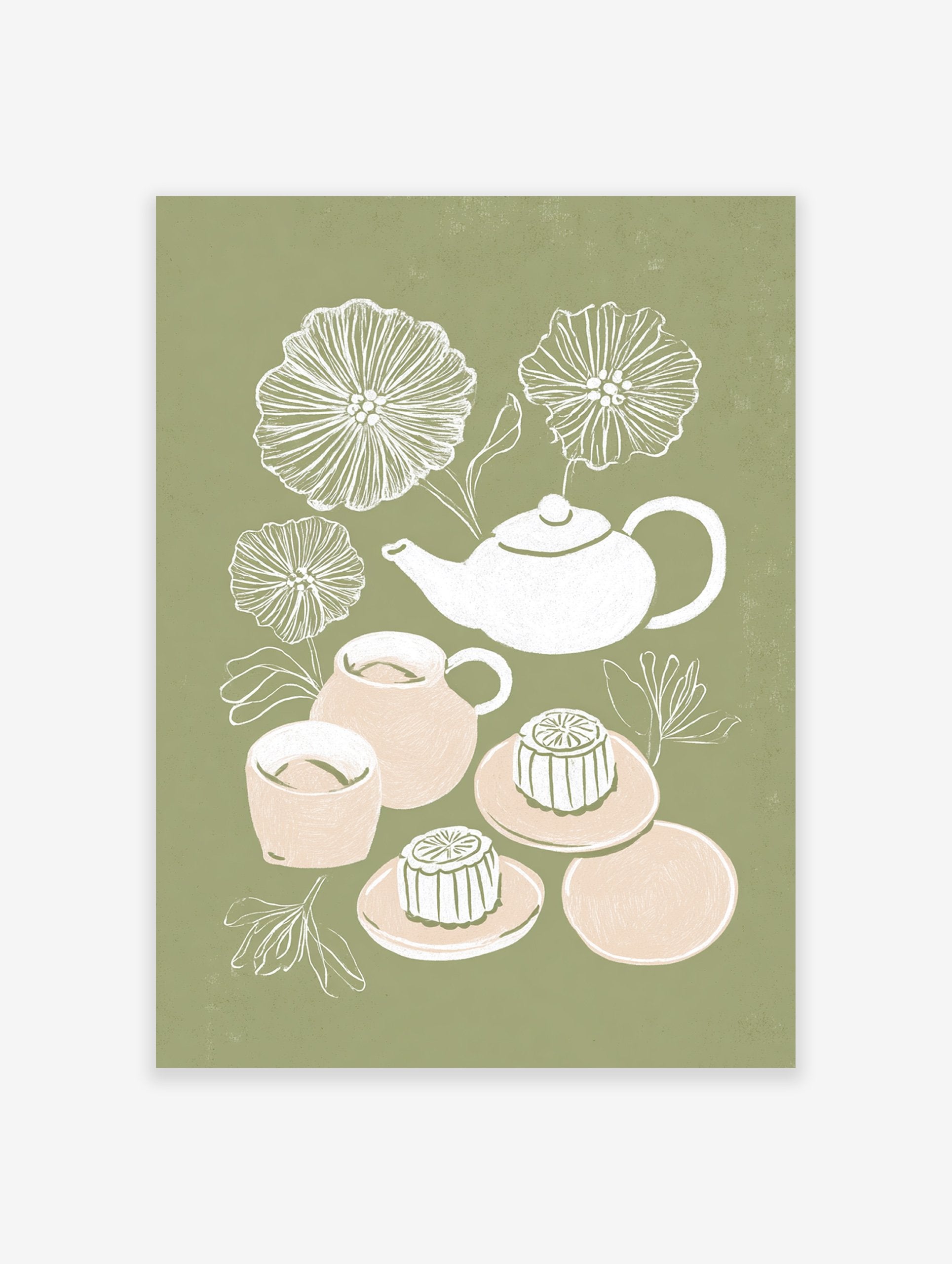 Illustration of a white tea set, peach tea cups, and mooncakes with white flowers on a sage green background. Tea Set & Mooncake Art.