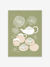 Illustration of a white tea set, peach tea cups, and mooncakes with white flowers on a sage green background. Tea Set & Mooncake Art.
