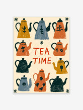 Tea Time kitchen poster with nine hand-drawn teapots in mustard, blue, orange and black on cream background