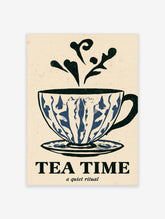 Tea Time poster with blue and white teacup, swirling steam, and bold serif typography on cream background