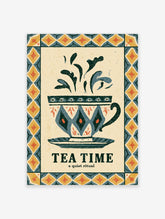 Tea Time retro kitchen poster with patterned teacup, steam and geometric border