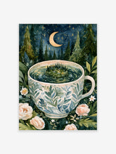 Illustration of a forest in a teacup surrounded by white flowers under a crescent moon and starry night sky