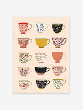 Illustration of 15 patterned teacups with floral and botanical designs in various colors, arranged on a light background.
