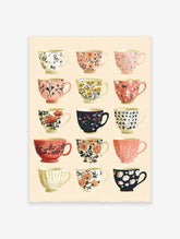 A grid of fifteen illustrated teacups with various floral, botanical, and patterned designs in multi-colors.