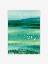 Teal abstract landscape art print with white birds flying over green and blue horizontal colour bands