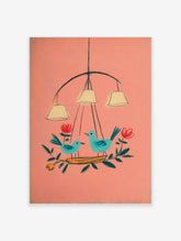 Two teal birds on a branch with red flowers and hanging lamps, pink background, illustrated art print