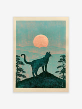 Teal cat silhouette on a hill under a peach sun with mountains and pine trees