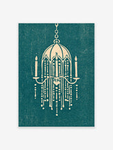 Cream ornate chandelier with candles and beads on textured teal background, vintage style wall art print