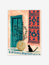 Teal door and coral rug wall art with black cat and vase of branches