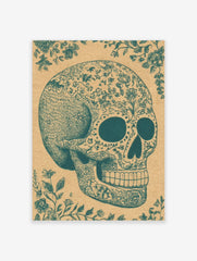 Teal ornate sugar skull illustration with floral patterns and decorative vines on a tan paper background