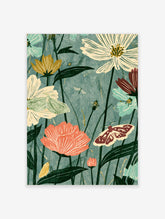 Teal floral art print with cream, coral and yellow flowers, moths and bees on stems
