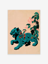 Teal foo dog with red swirls and pink peony flowers, oriental guardian lion illustration on cream background