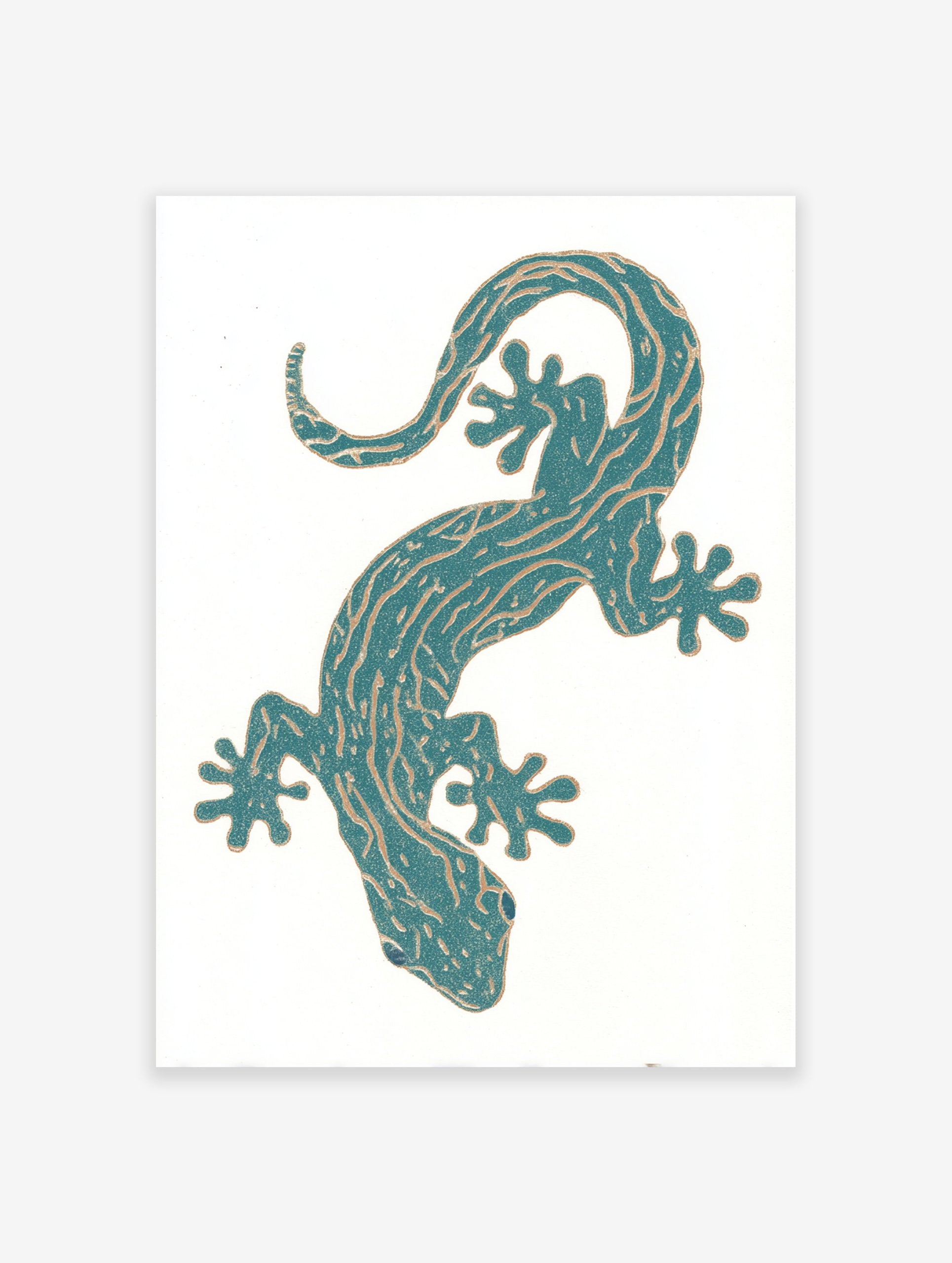 Teal gecko illustration wall art print with golden patterns on a white background, featuring a stylized reptile.