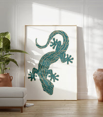Teal gecko illustration wall art print with golden patterns on a white background, featuring a stylized reptile. - Image 3