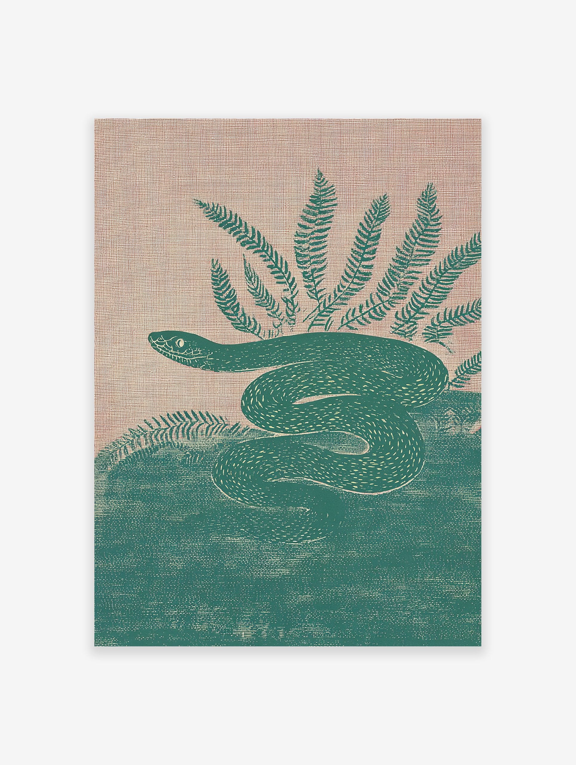 Illustrative teal green snake coiled among ferns on a textured beige background. Botanical snake wall art print.
