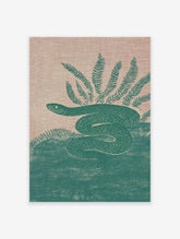 Illustrative teal green snake coiled among ferns on a textured beige background. Botanical snake wall art print.