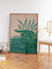 Illustrative teal green snake coiled among ferns on a textured beige background. Botanical snake wall art print. - Image 2