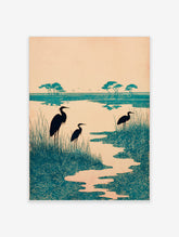 Teal heron wetland art print with three birds, tall grasses, and stylised swirling water patterns