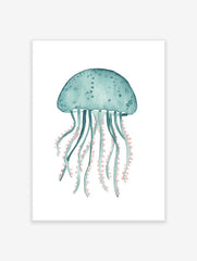 Teal watercolour jellyfish illustration art print with coral pink tentacles on a white background