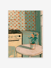 Teal kitchen still life poster with green tiled wall, cream stove, round table and potted orange flower