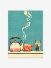 Teal kitchen art print of a steaming kettle, red teapot, and jar of tea leaves on a shelf